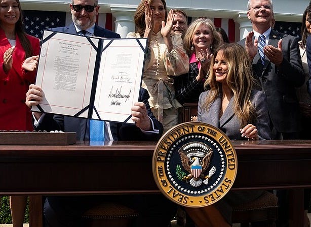 President Donald Trump and First Lady Melania Trump participate in a bill signing ceremony for the Take it Down Act, Monday, May 19, 2025, in the White House Rose Garden. The president is holding the bill, showing it, with both their signatures to the public. President Donald Trump and First Lady Melania Trump participate in a bill signing ceremony for the Take it Down Act, Monday, May 19, 2025, in the White House Rose Garden. The president is holding the bill, showing it, with both their signatures to the public.