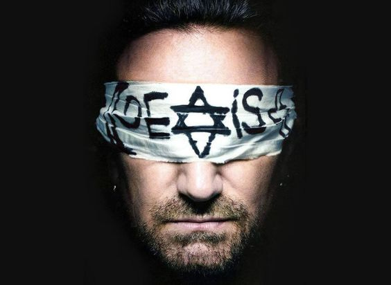WhiAThe celebrity Bono wearing a blindfold over his eyes that reads, "COEXIST" WhiAThe celebrity Bono wearing a blindfold over his eyes that reads, "COEXIST"