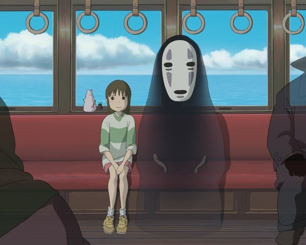 An animated image of a child sitting next to a ghostly figure in a black rob with a blue sky and clounds seen through the windows.