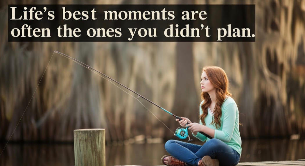 Red headed girl sitting on a dock, deep in thought, fishing with Cypress trees and Spanish Moss in the background.
