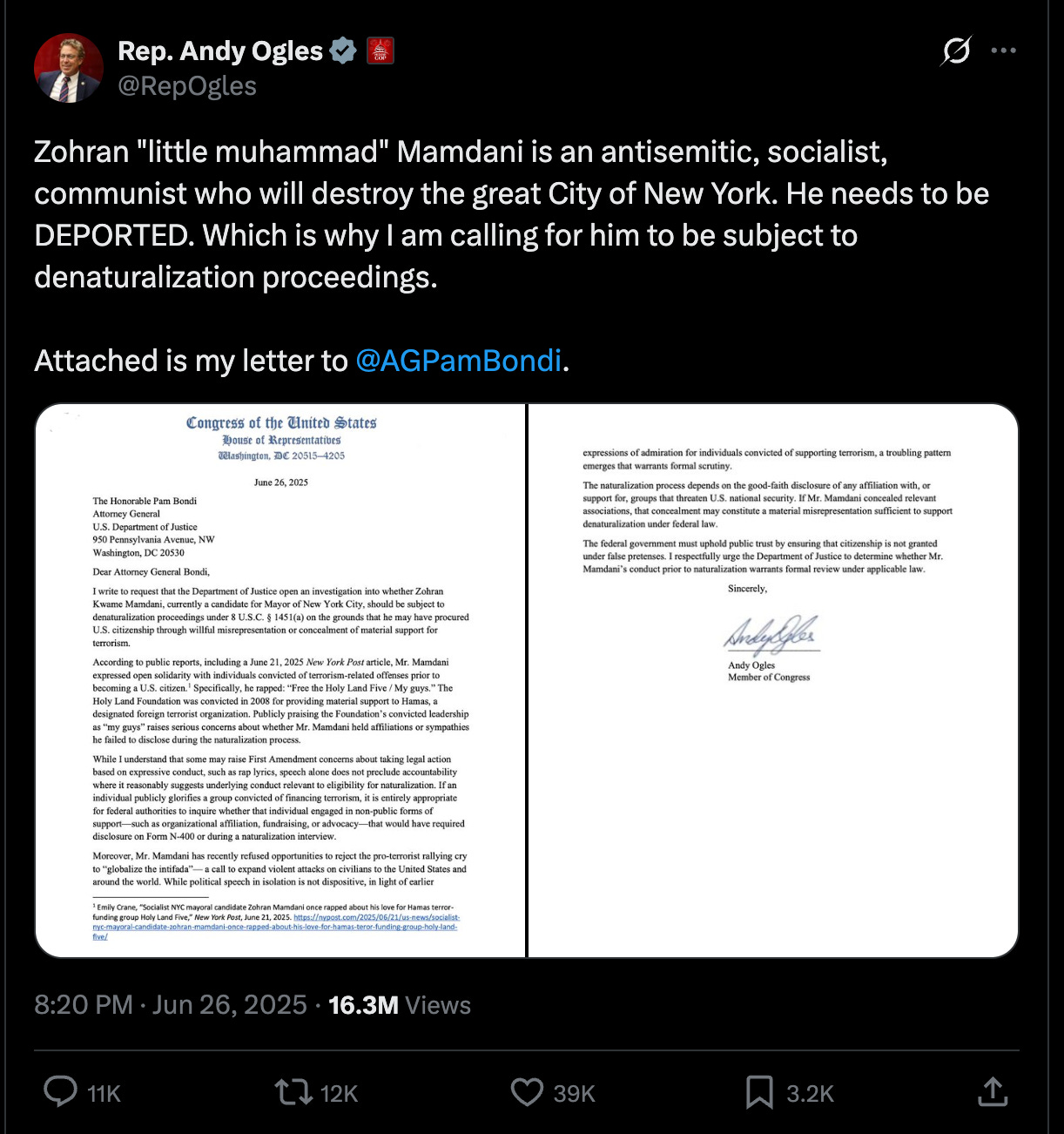 Ogles on Twitter: Zohran "little muhammad" Mamdani is an antisemitic, socialist, communist who will destroy the great City of New York. He needs to be DEPORTED. Which is why I am calling for him to be subject to denaturalization proceedings. 