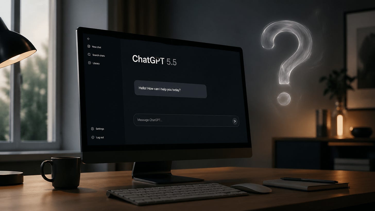 Monitor pe care apare ChatGPT 5.5, cu un semn de întrebare luminos lângă ecran, sugerând noua etapă a inteligenței artificiale.
