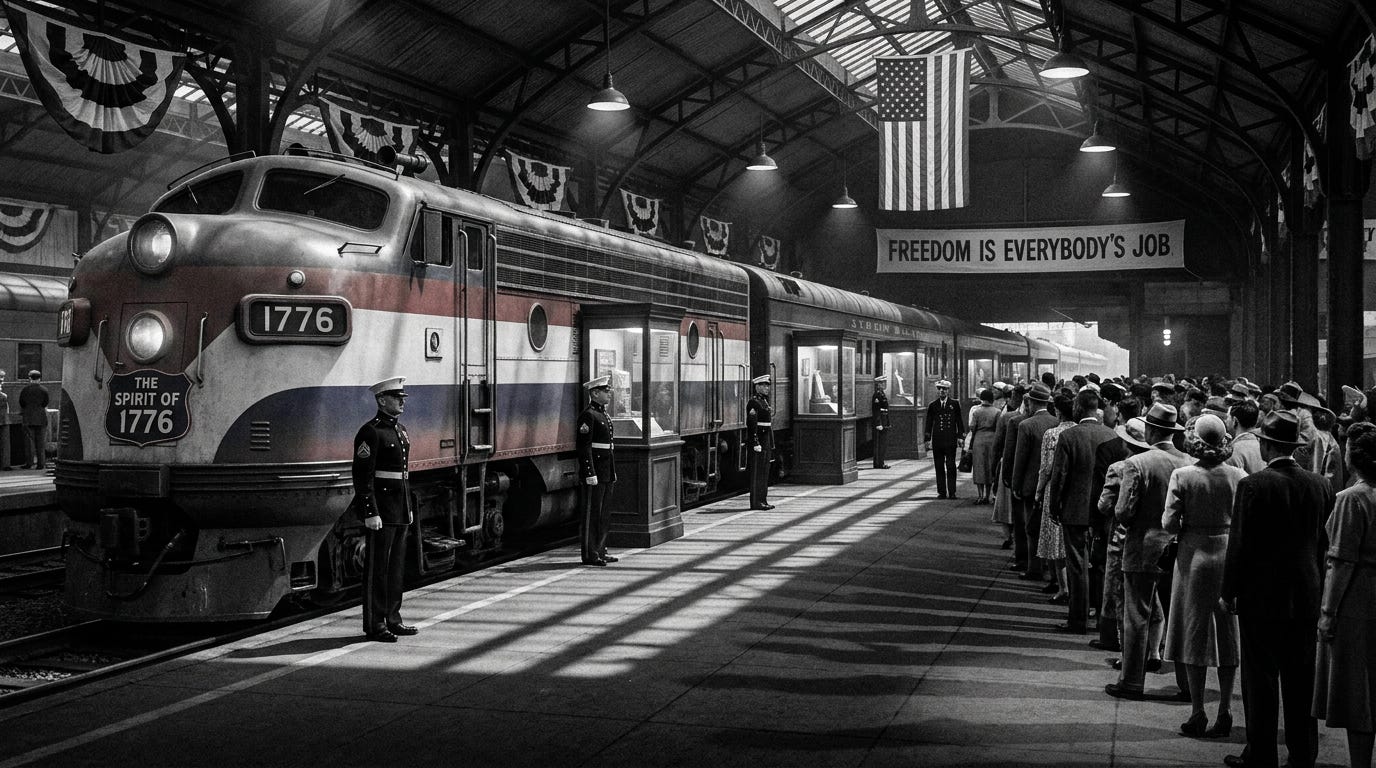 Black and white noir photograph of the Freedom Train at a 1947 American train station. Marines in dress blues guard armor-plated exhibit cars while a long, integrated line of visitors waits on the platform beneath a banner reading “Freedom Is Everybody’s Job.” The locomotive bears the name “The Spirit of 1776” in red, white, and blue. The image captures the contradictions of America’s Cold War propaganda campaign to sell democracy to its own citizens using the original Declaration of Independence and Constitution. Black and white noir photograph of the Freedom Train at a 1947 American train station. Marines in dress blues guard armor-plated exhibit cars while a long, integrated line of visitors waits on the platform beneath a banner reading “Freedom Is Everybody’s Job.” The locomotive bears the name “The Spirit of 1776” in red, white, and blue. The image captures the contradictions of America’s Cold War propaganda campaign to sell democracy to its own citizens using the original Declaration of Independence and Constitution.