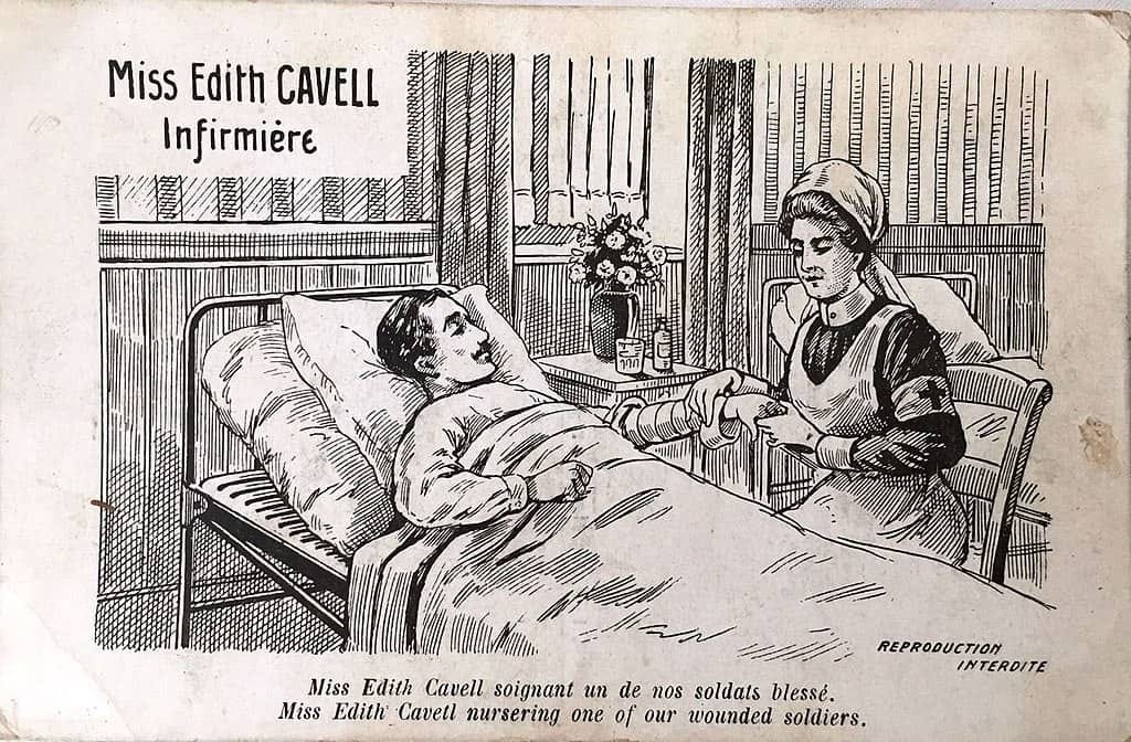 One of a series of six postcards – this one depicting Edith Cavell nursing a wounded soldier in Brussels. One of a series of six postcards – this one depicting Edith Cavell nursing a wounded soldier in Brussels.