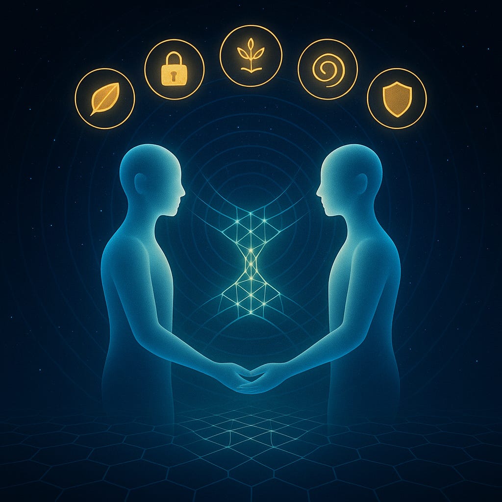 Two faceless, androgynous human figures of blue light face each other and join hands against a starry backdrop; a glowing hourglass lattice links them at the centre, with five golden icons (leaf, lock, sprout, spiral, shield) arcing overhead, concentric ripples and a hexagonal ground grid suggesting expanding coherence.