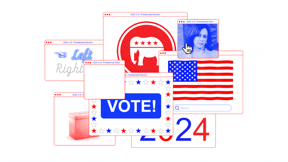 An animated red, white, and blue graphic showing flashing internet political ads and cursors clicking