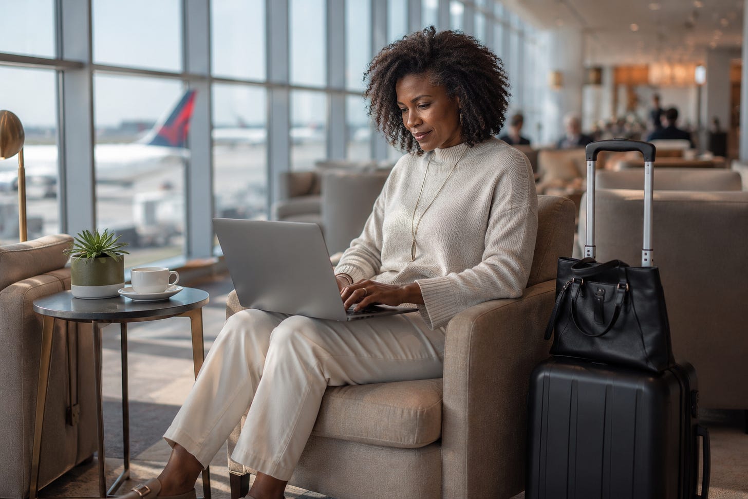 A professional woman in her 50s working remote from an airport.