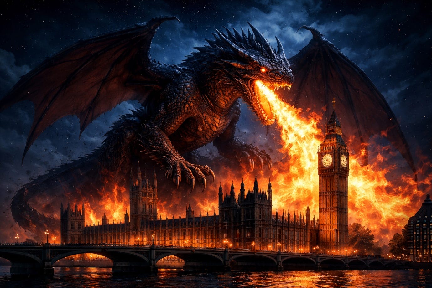 A dragon with wings and wings on fire near a building
Description automatically generated A dragon with wings and wings on fire near a building
Description automatically generated