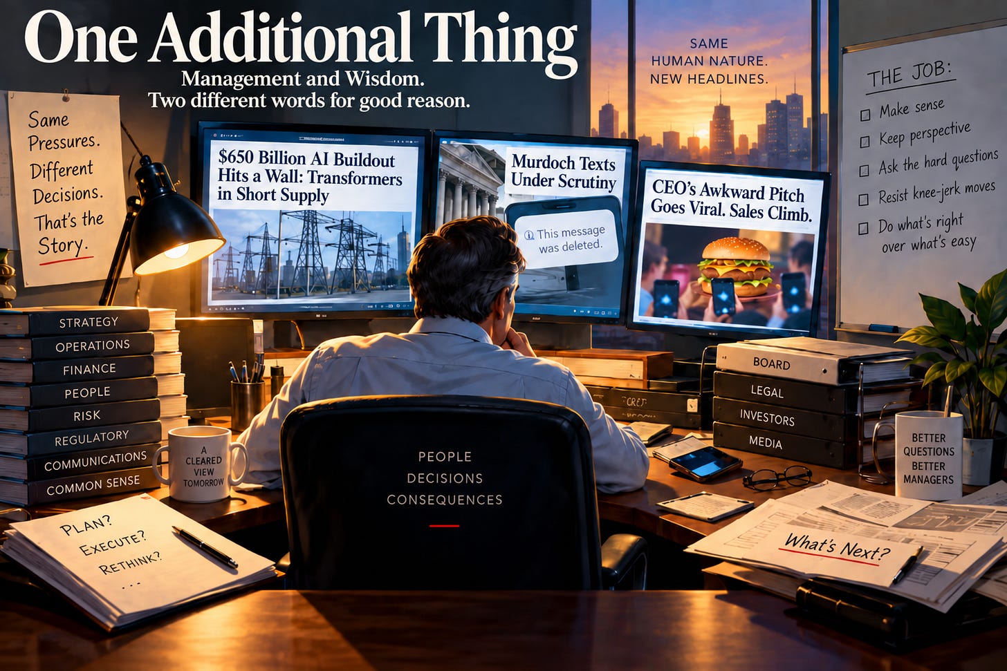 A manager sits at a cluttered desk facing multiple screens with breaking business headlines, surrounded by files laabeled strategy, people, rosk, legal, board, investors, and media. A manager sits at a cluttered desk facing multiple screens with breaking business headlines, surrounded by files laabeled strategy, people, rosk, legal, board, investors, and media.