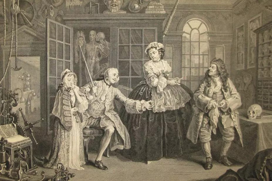 Marriage a-la-Mode No. 3 (The Inspection) print by English painter, printmaker and society critic, William Hogarth Marriage a-la-Mode No. 3 (The Inspection) print by English painter, printmaker and society critic, William Hogarth