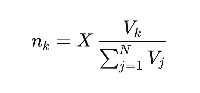 n_k = X \,\frac{V_k}{\sum_{j=1}^{N} V_j} n_k = X \,\frac{V_k}{\sum_{j=1}^{N} V_j}