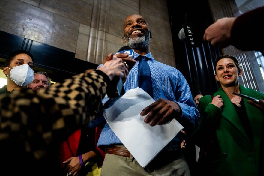 Lamar Johnson speaks to the media on Tuesday, Feb. 14, 2023, after being released from custody at the Carnahan Courthouse — a part of Missouri’s 22nd Judicial Circuit — in downtown St. Louis. Johnson was released after being convicted and jailed for nearly 30 years for a murder he did not commit. Lamar Johnson speaks to the media on Tuesday, Feb. 14, 2023, after being released from custody at the Carnahan Courthouse — a part of Missouri’s 22nd Judicial Circuit — in downtown St. Louis. Johnson was released after being convicted and jailed for nearly 30 years for a murder he did not commit.