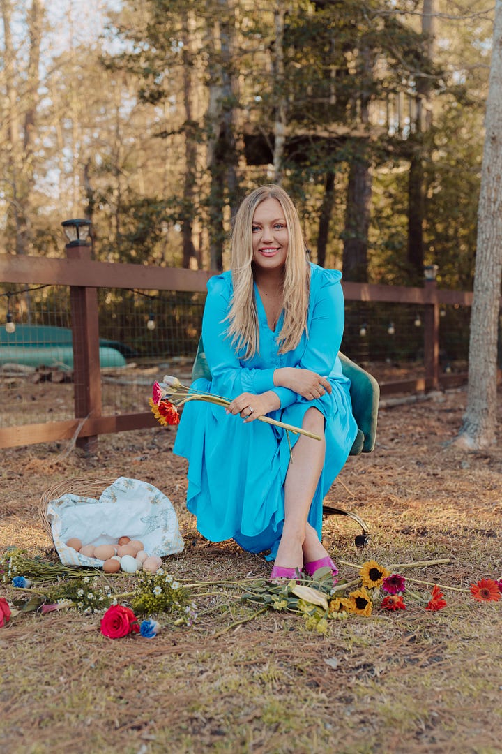 Side-by-side image comparison. Left photo shows a woman sitting in a cabin chair wearing a casual t-shirt, looking emotionally and physically exhausted. Right photo shows the same woman sitting outdoors in a bright blue dress, surrounded by flowers and eggs, appearing peaceful, grounded, and radiant.