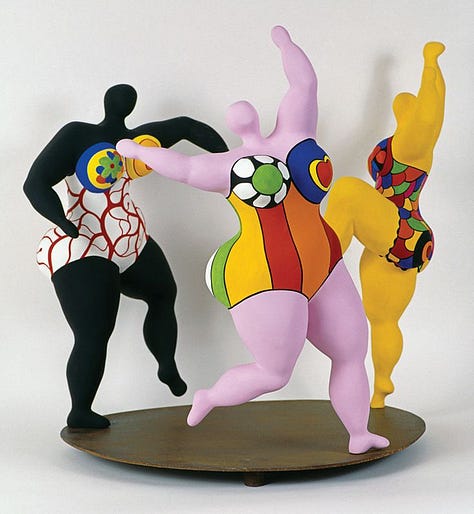 A series of photos depicting Niki de Saint Phalle's Nanas sculptures.