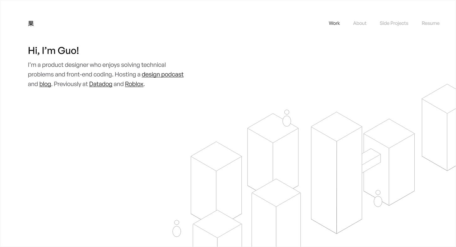 Guo's 2nd portfolio design iteration where there's text on the top left and isometric illustration of buildings from the right