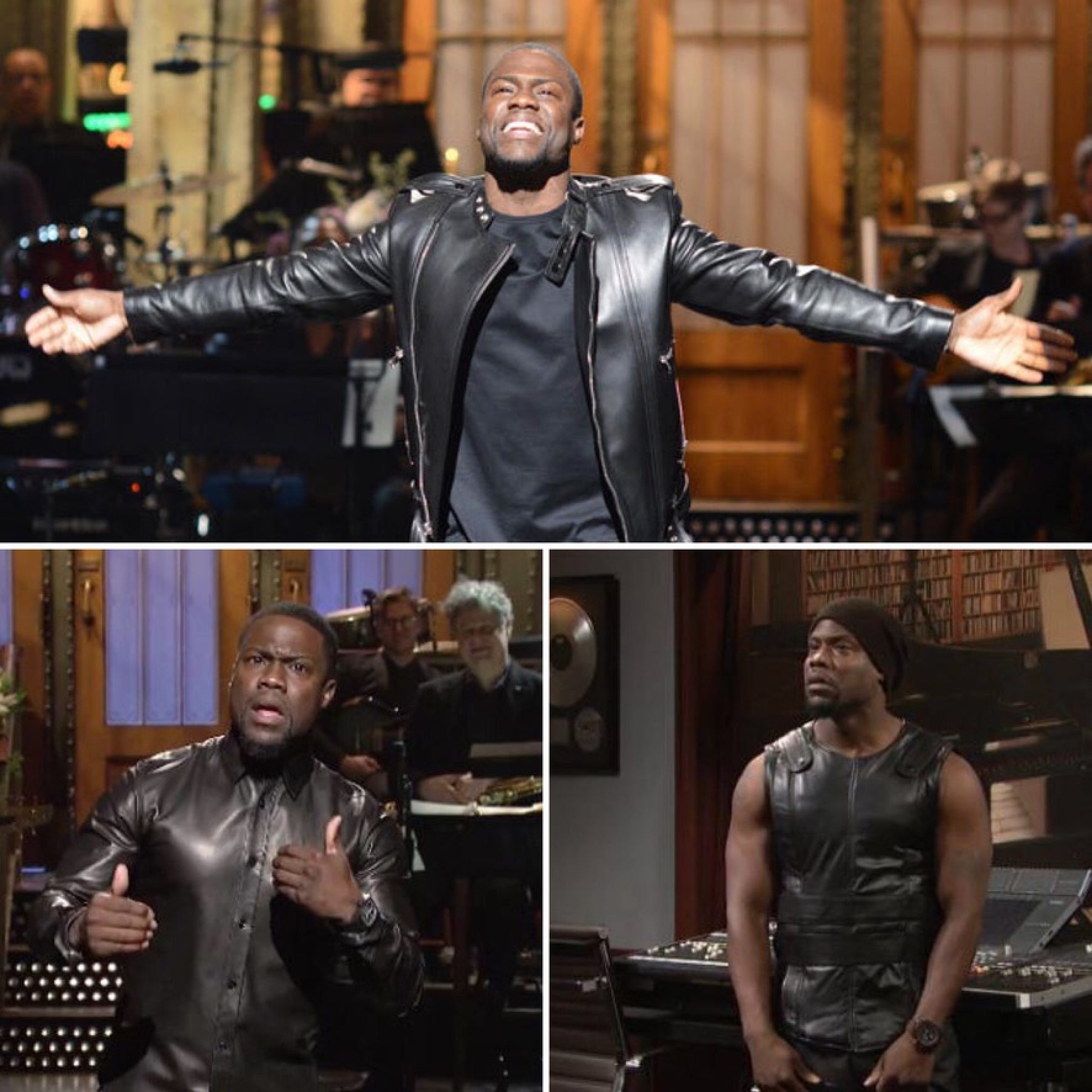 Collage of three photos of Kevin Hart, smiling and acting in SNL skits wearing leather pieces by Peter Nguyen.