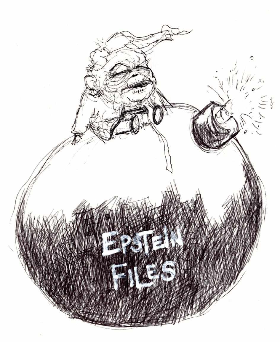 Ink drawing of trump sitting on a cartoon bomb labeled with Epstein Files.