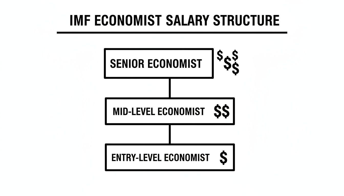 Hierarchical chart showing IMF economist salary structure with senior, mid-level, and entry-level pay grades. Hierarchical chart showing IMF economist salary structure with senior, mid-level, and entry-level pay grades.