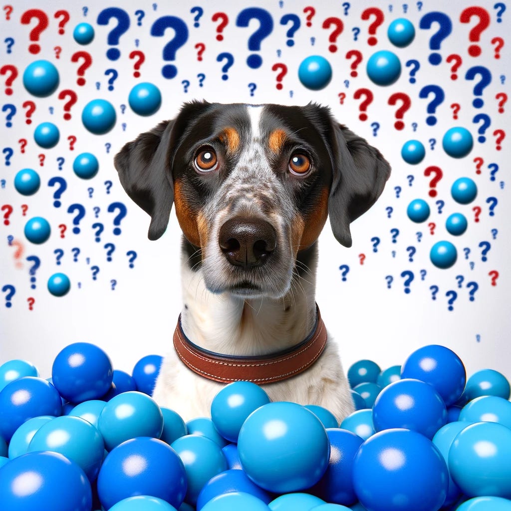 An image of a dog looking confused at a bunch of blue balls, symbolizing the concept of data drift in machine learning where the trained model encounters different data than it was trained on.
