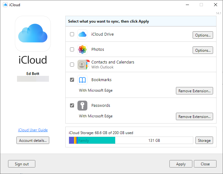 This screenshot shows the iCloud dialog box from a Windows PC. Two options, labeled Bookmarks and Passwords, are selected and are syncing with the Microsoft Edge browser. This screenshot shows the iCloud dialog box from a Windows PC. Two options, labeled Bookmarks and Passwords, are selected and are syncing with the Microsoft Edge browser.