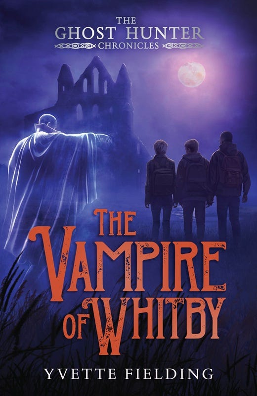 a cover photo of the vampire of whitby alongside a photo of the author, yvette fielding.