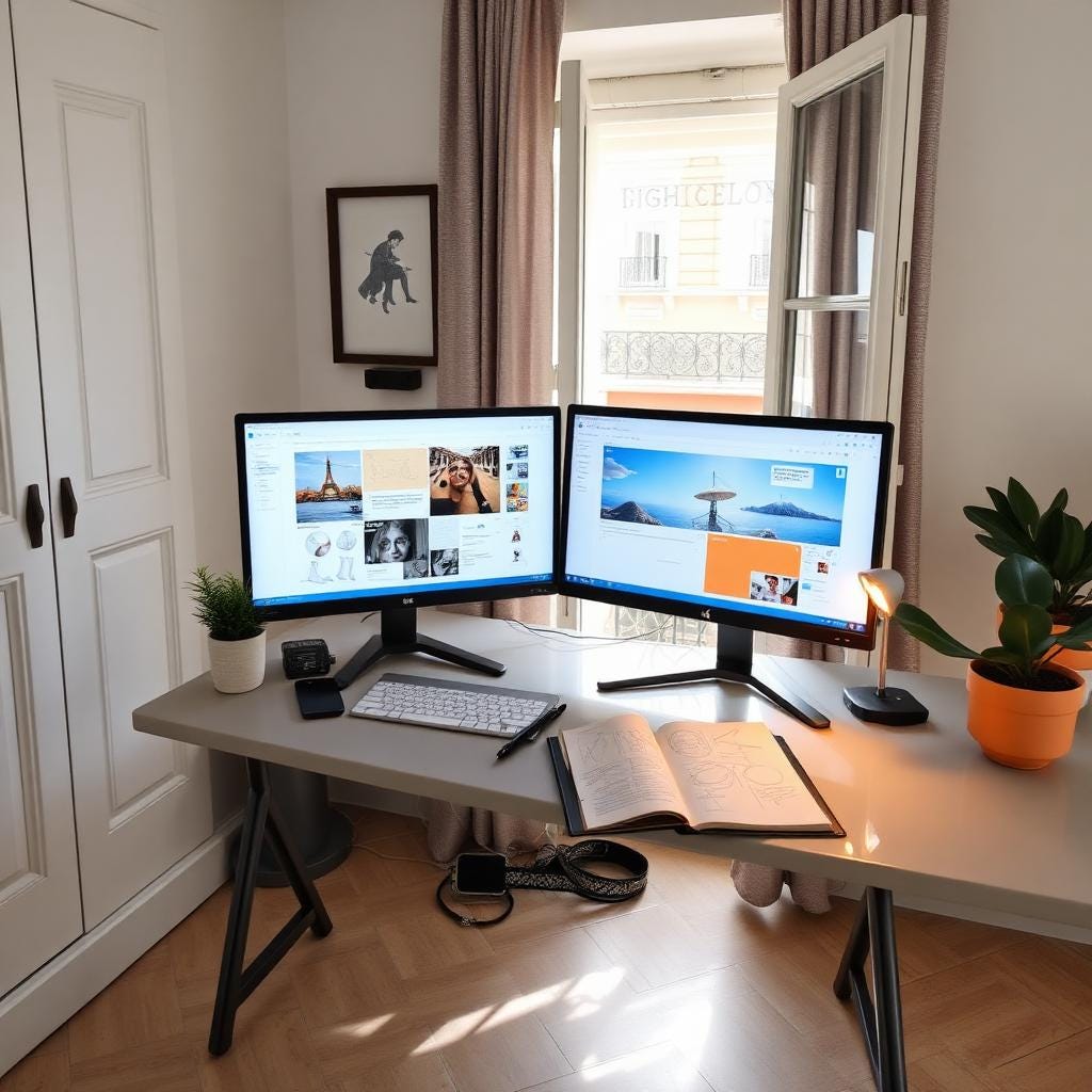 Designer's desk with dual monitors showing Figma artboards in a bright apartment