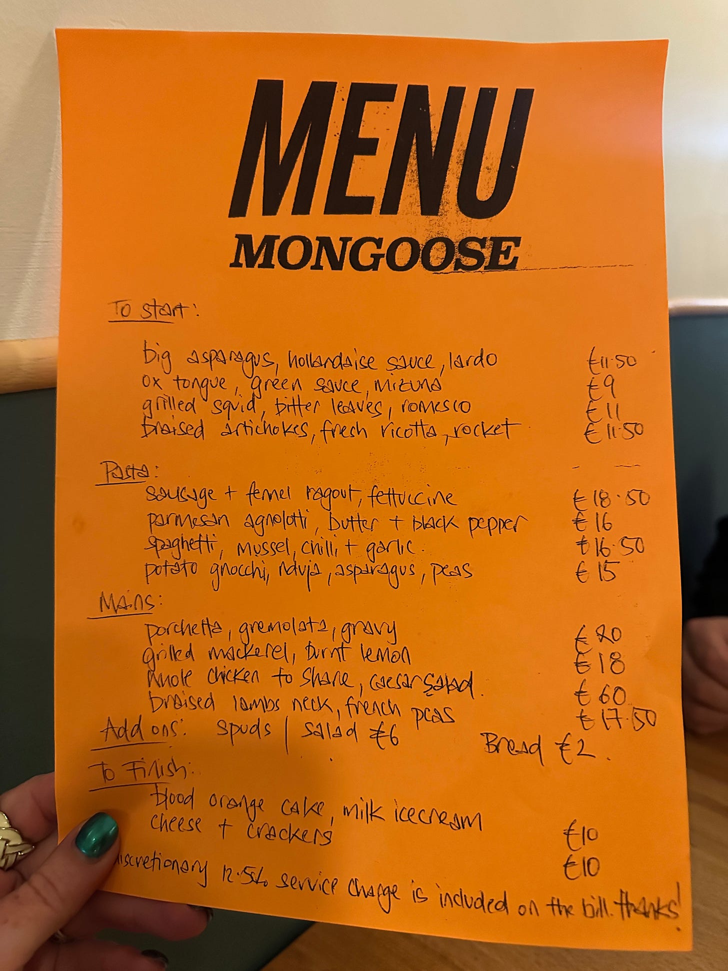 The menu at Mongoose