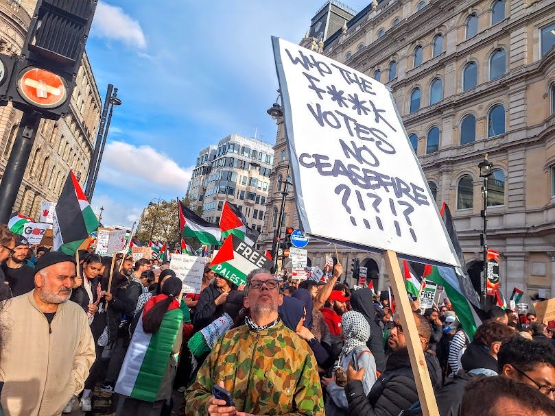 A placard at the London protest that reads: "Who the f**k votes no ceasefire?!?!?" 