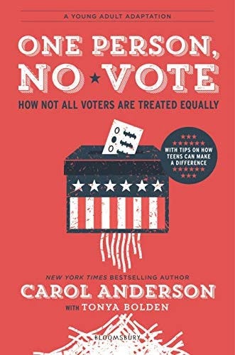 Book cover with red banner text “ONE PERSON, NO VOTE” above a U.S. flag-shaped ballot box and gray stars.