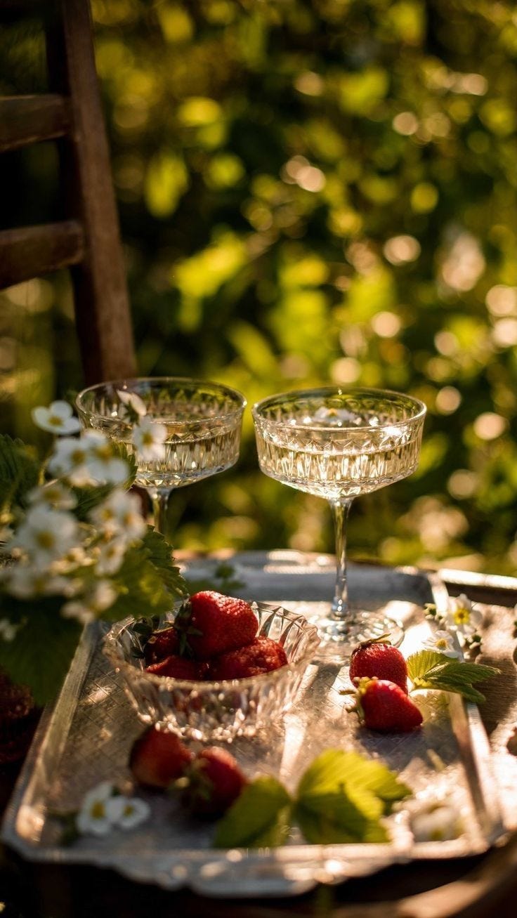 This may contain: two wine glasses sitting on top of a tray with strawberries and flowers in front of them This may contain: two wine glasses sitting on top of a tray with strawberries and flowers in front of them