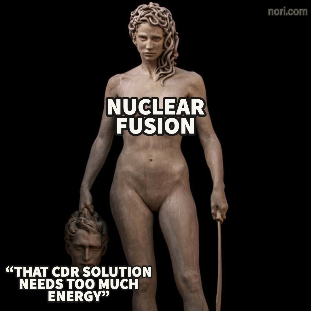 A bronze statue of Medusa labelled "NUCLEAR FUSION" holding a severed head labelled "That CDR solution needs too much energy".