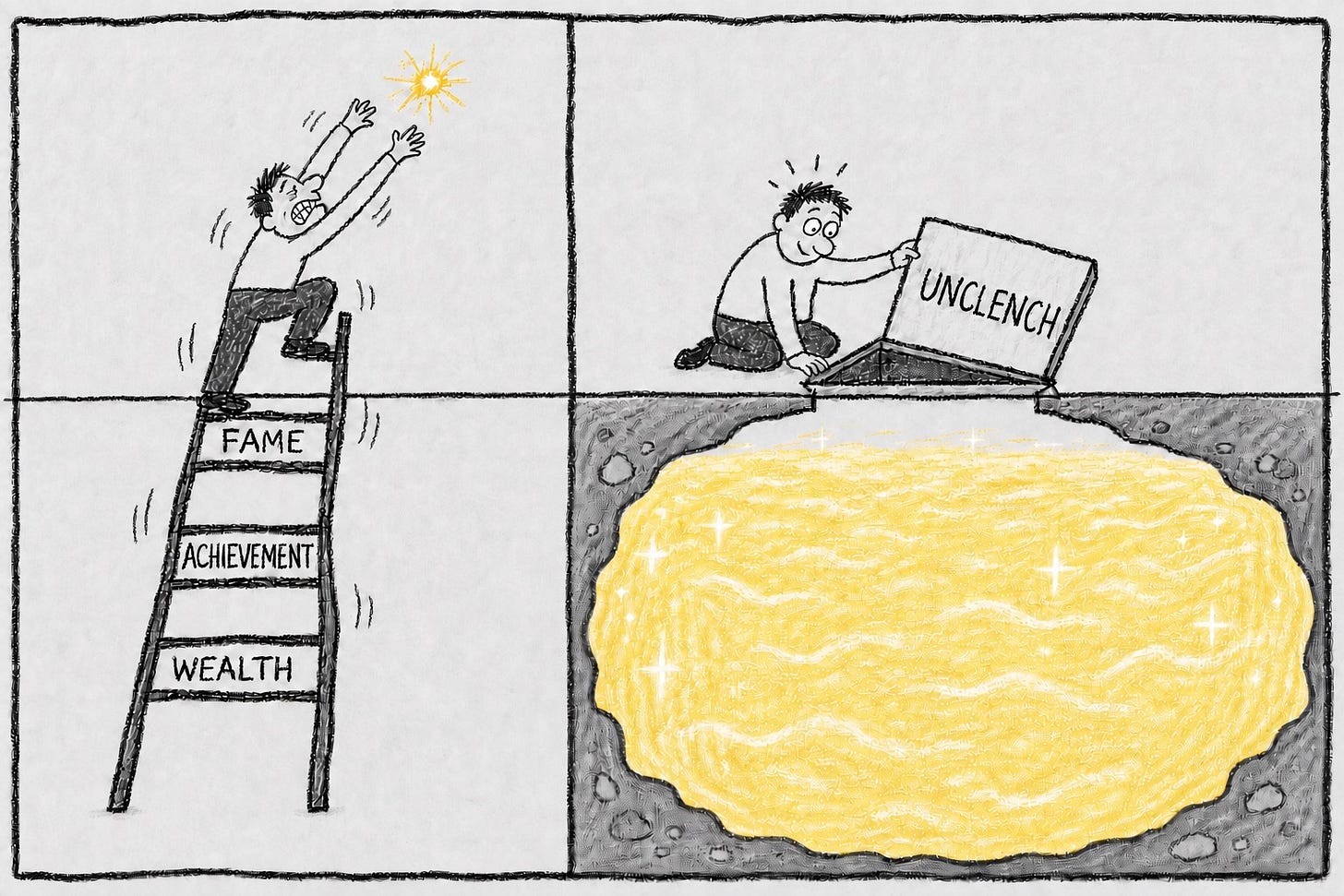 A crayon drawing contrasting climbing towards fame, achievement and wealth with opening an unclenching trapdoor onto a luminous pale-gold pool A crayon drawing contrasting climbing towards fame, achievement and wealth with opening an unclenching trapdoor onto a luminous pale-gold pool