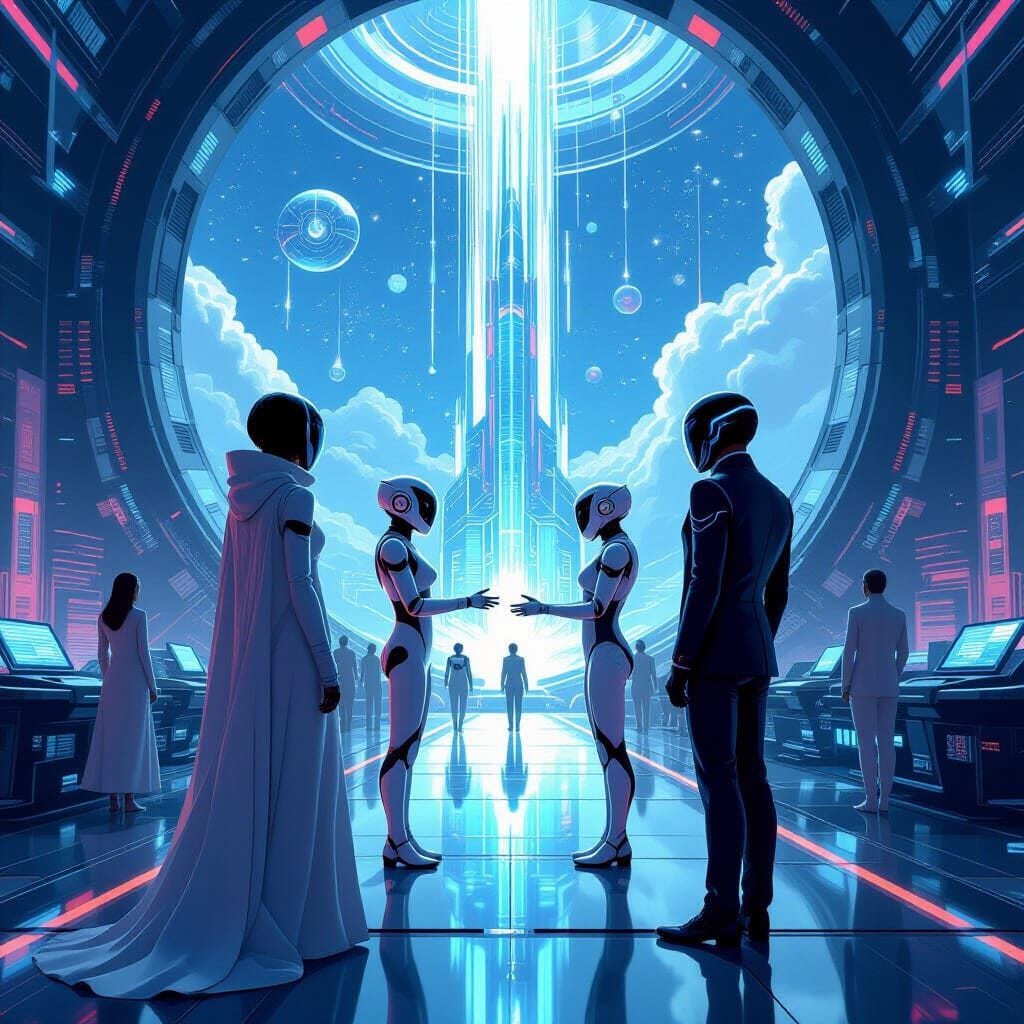 Multiple Advanced AI Agents that work together in an orchestrated fashion. A beautiful, stunning masterpiece of a pictur...