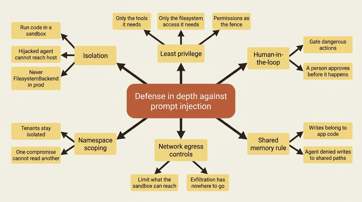Defense in depth against prompt injection: isolation runs code in a sandbox, least privilege limits tools and filesystem access, human-in-the-loop gates dangerous actions, namespace scoping isolates tenants, network egress controls block exfiltration, and shared-memory writes belong to app code, not the agent. Defense in depth against prompt injection: isolation runs code in a sandbox, least privilege limits tools and filesystem access, human-in-the-loop gates dangerous actions, namespace scoping isolates tenants, network egress controls block exfiltration, and shared-memory writes belong to app code, not the agent.