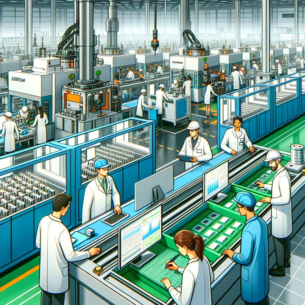 Cel-shaded 3D art of a high-tech microchip manufacturing facility. Engineers of diverse genders and descents are monitoring the production line. The facility is filled with clean lines and vibrant yet professional colors. Machines with robotic arms assemble the microchips, while engineers look at computer screens, ensuring the process runs smoothly.