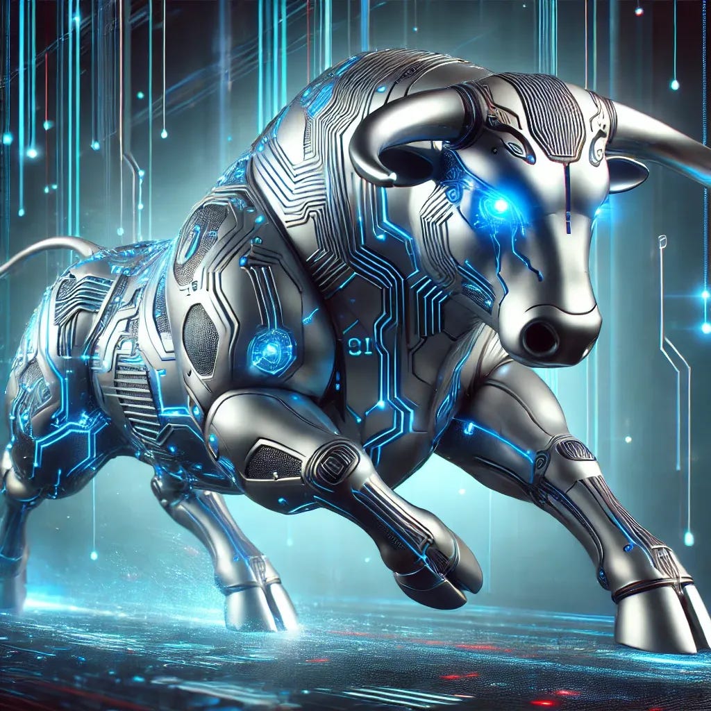 A futuristic AI-powered bull with a sleek metallic body, glowing blue cybernetic eyes, and intricate circuits running along its muscular frame. The bull is in a dynamic charging pose, with energy pulsating from its horns, set in a high-tech, neon-lit cyberpunk environment.