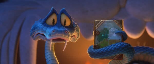An image from the animated movie “Zootopia 2” depicts the face of the character Gary De’Snake with his tail wrapped around a book.