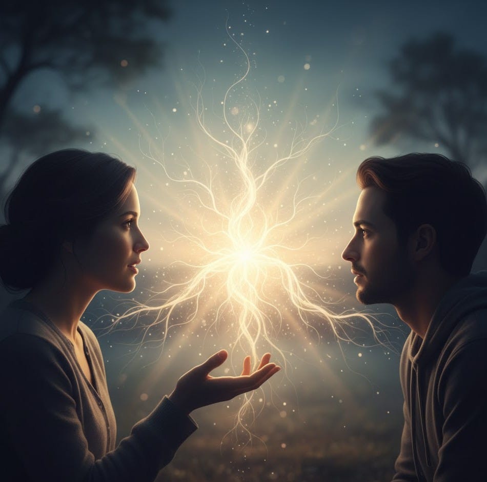 wo individuals in profile, gazing at a radiant, tree-like burst of light that emanates from the woman's open hand and extends towards the man. The background is a softly blurred forest at twilight, with the light casting a warm glow on their faces and the surrounding environment. wo individuals in profile, gazing at a radiant, tree-like burst of light that emanates from the woman's open hand and extends towards the man. The background is a softly blurred forest at twilight, with the light casting a warm glow on their faces and the surrounding environment.