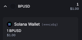 A screenshot of a cryptocurrency wallet interface. The screen displays "BPUSD" with a value of "$1.00" and a Solana Wallet labeled "*x*C6q" holding 1 BPUSD valued at "$1.00". The Backpack logo is visible.
