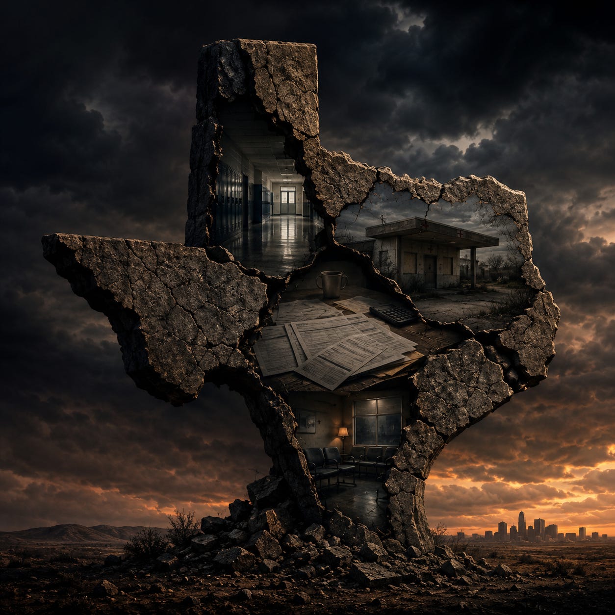 A fractured stone Texas monument reveals scenes of public-system failure inside its cracks: an empty school hallway, a closed rural hospital, medical bills, and a lonely mental-health waiting room beneath a dark storm sky. A fractured stone Texas monument reveals scenes of public-system failure inside its cracks: an empty school hallway, a closed rural hospital, medical bills, and a lonely mental-health waiting room beneath a dark storm sky.