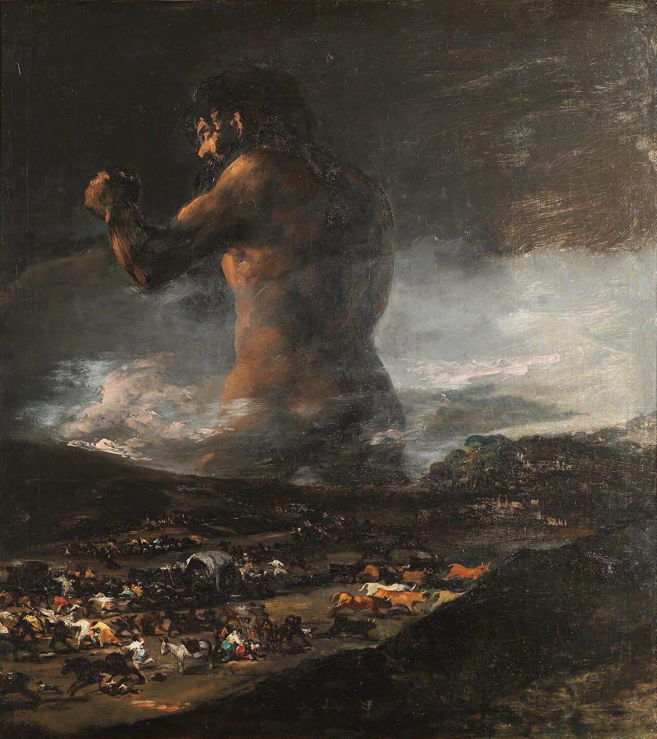 The Colossus by Goya: a giant rises behind mountains while a crowd flees through the valley below The Colossus by Goya: a giant rises behind mountains while a crowd flees through the valley below