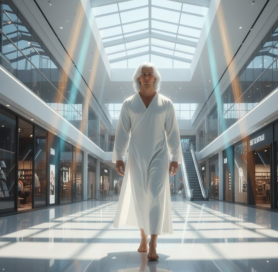A glowing, robed figure walks barefoot through a mall corridor filled with shimmering reflections, symbolizing a meeting between worlds.