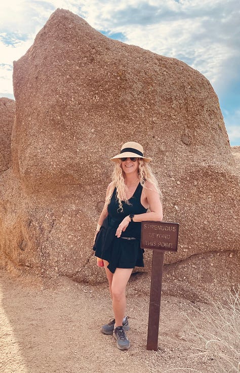 Three photos from Arizona desert hikes including Pinnacle Peak and Gateway Loop showing desert trails, saguaro cacti, and a hiker celebrating scenic mountain views near Phoenix.