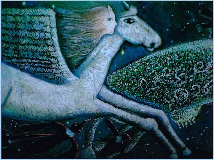 This may contain: a painting of a white horse with wings on its back