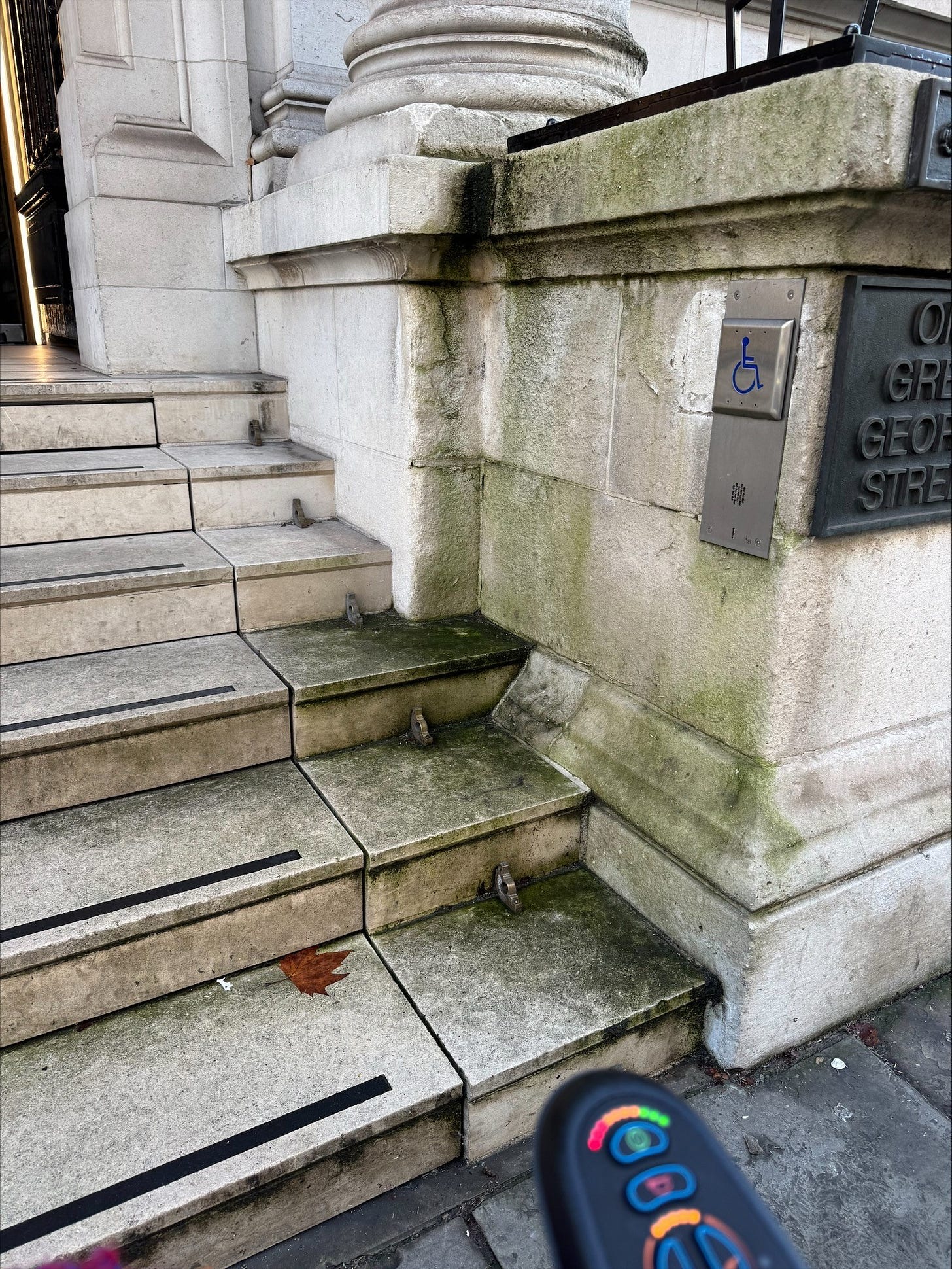 a set of stone steps leading up to building entrance. The steps are stained with green moss. Brass handrails in the middle. To the right of the steps is a wall mounted button with a blue wheelchair symbol, indicating accessible access. Not everyone will realise but these are steps that move and expose a lift. The button is to call for the staff to operate the lift.