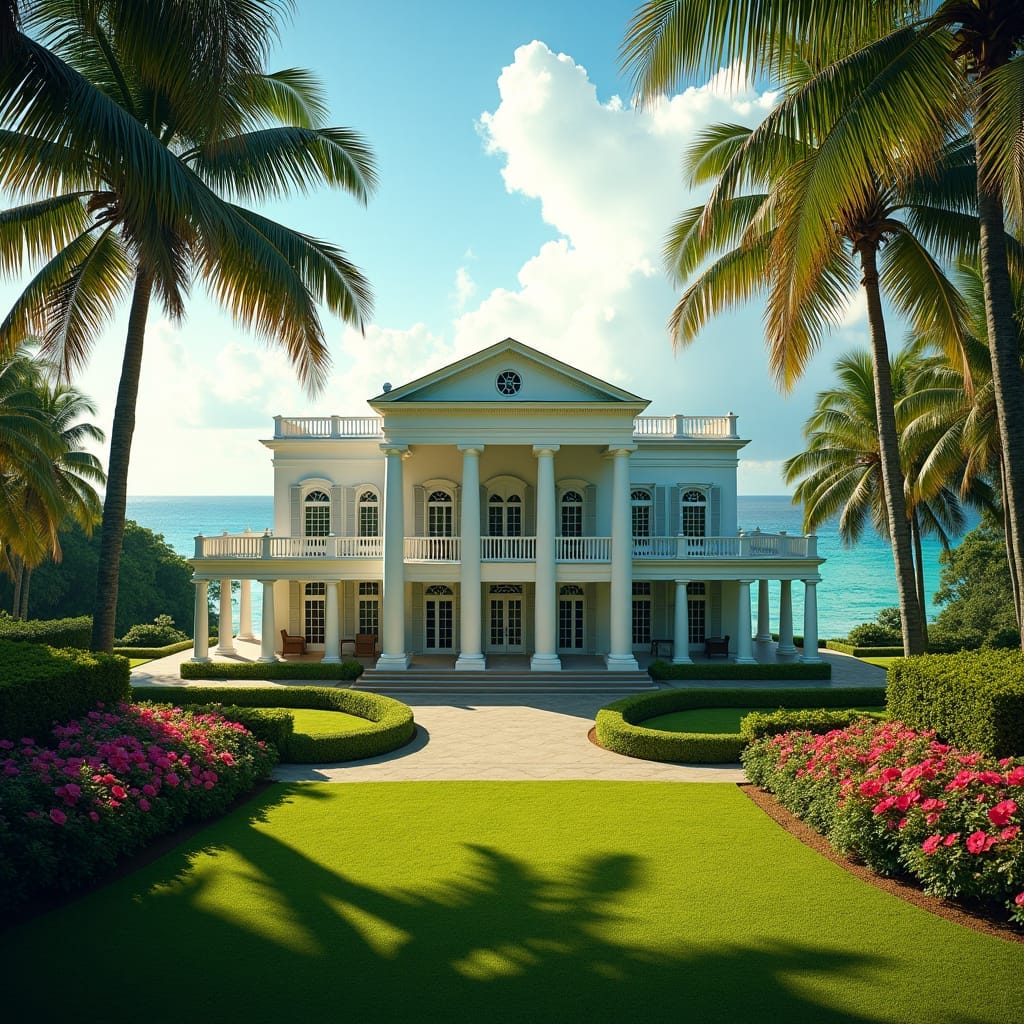A grand Jamaican Georgian-style great house perched on a lush hillside, featuring a symmetrical façade with tall white columns, expansive verandas, and large sash windows. The house is surrounded by a beautifully landscaped garden with tropical flowers, palm trees, and sweeping views of the Caribbean Sea. Majestic, colonial architecture, tropical elegance. A grand Jamaican Georgian-style great house perched on a lush hillside, featuring a symmetrical façade with tall white columns, expansive verandas, and large sash windows. The house is surrounded by a beautifully landscaped garden with tropical flowers, palm trees, and sweeping views of the Caribbean Sea. Majestic, colonial architecture, tropical elegance.