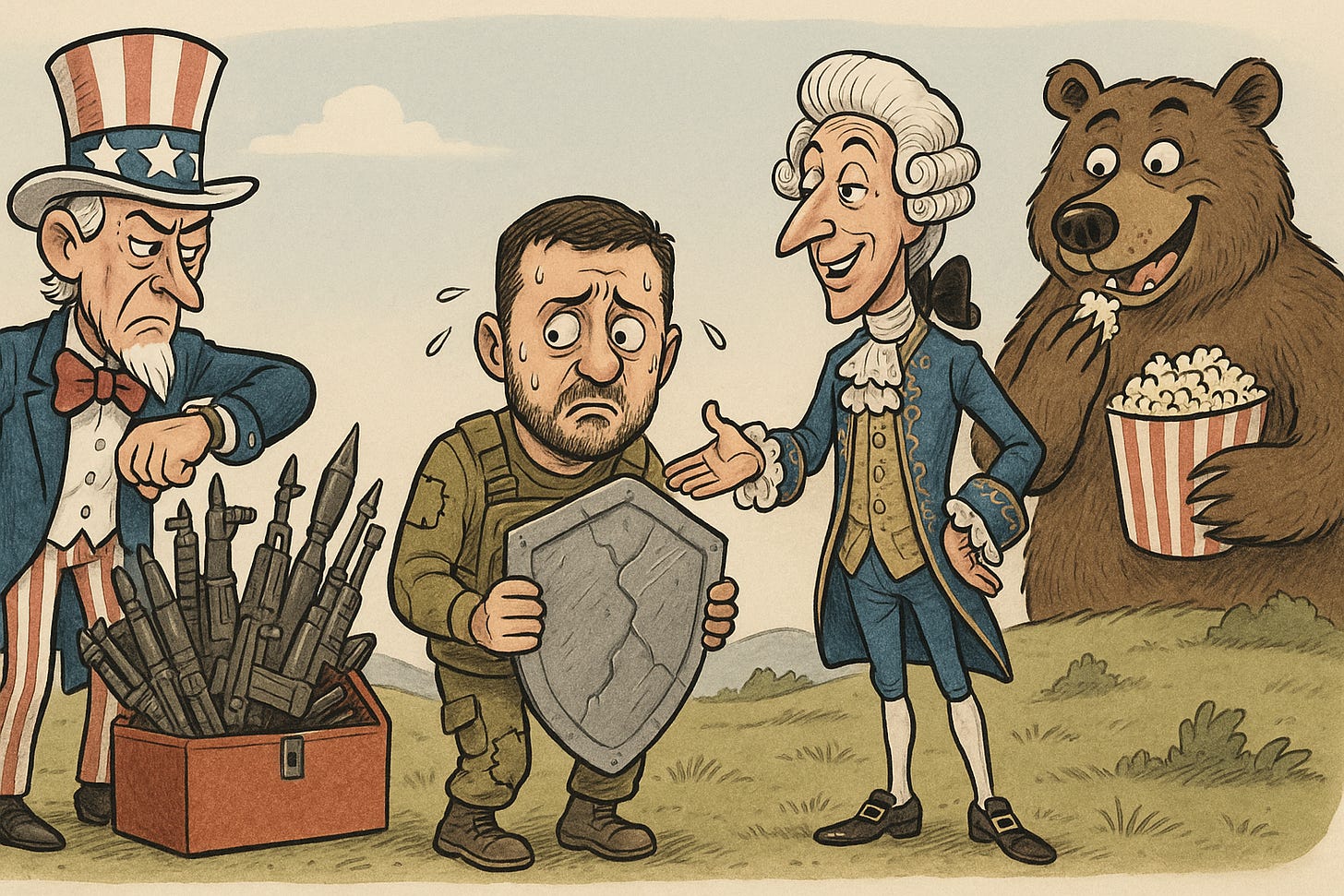 Satirical political cartoon by DALL·E showing Uncle Sam with a toolbox of weapons, Volodymyr Zelensky in worn military gear holding a cracked shield, a European aristocrat in powdered wig gesturing proudly, and a Russian bear eating popcorn in the background, symbolizing U.S. military aid, Europe’s hollow gestures, and Russia’s amused detachment.