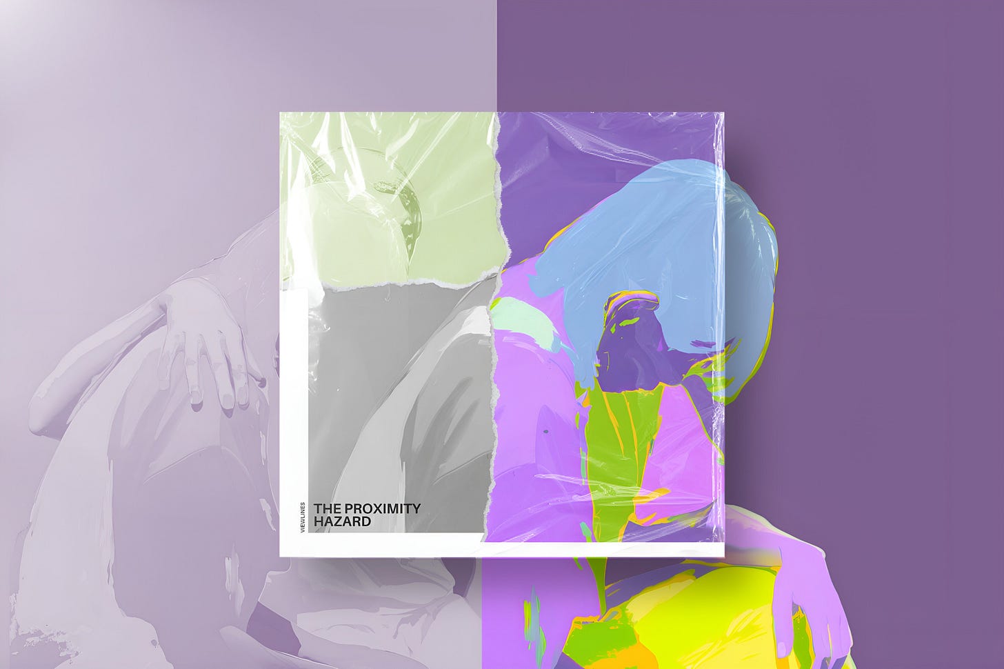 A digital collage composed of two distinct images overlaid with a square album cover against a split background of pale lavender and deep violet. Centered is the album cover, which features a torn-paper design splitting a single scene: on the left, a desaturated, ghostly grayscale view of a hand resting gently on a boy’s shoulder; on the right, a hyper-saturated view of the same boy, highly stylized with light blue hair, bowing his head in a vibrant purple and neon-green palette. The entire central square is finished with a crinkled plastic shrink-wrap overlay, and the lower-left corner reads "The Proximity Hazard." Part of the Viewlines series at The Subtext Review.