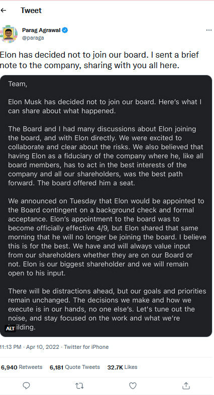 Elon Musk declines board seat at Twitter | by Virginia Backaitis |  Digitizing Polaris