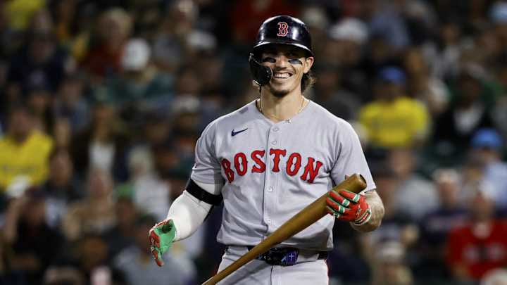 Sep 9, 2025; West Sacramento, California, USA; Boston Red Sox left fielder Jarren Duran (16) smiles after getting hit by a pitch during the ninth inning against the Athletics at Sutter Health Park. Mandatory Credit: Sergio Estrada-Imagn Images